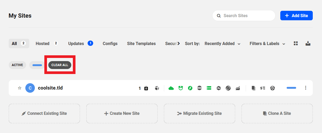 Clear all filters in the sites list