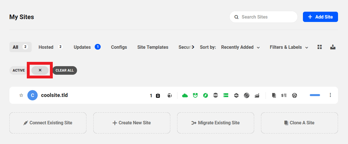 Clear one filter in the sites list