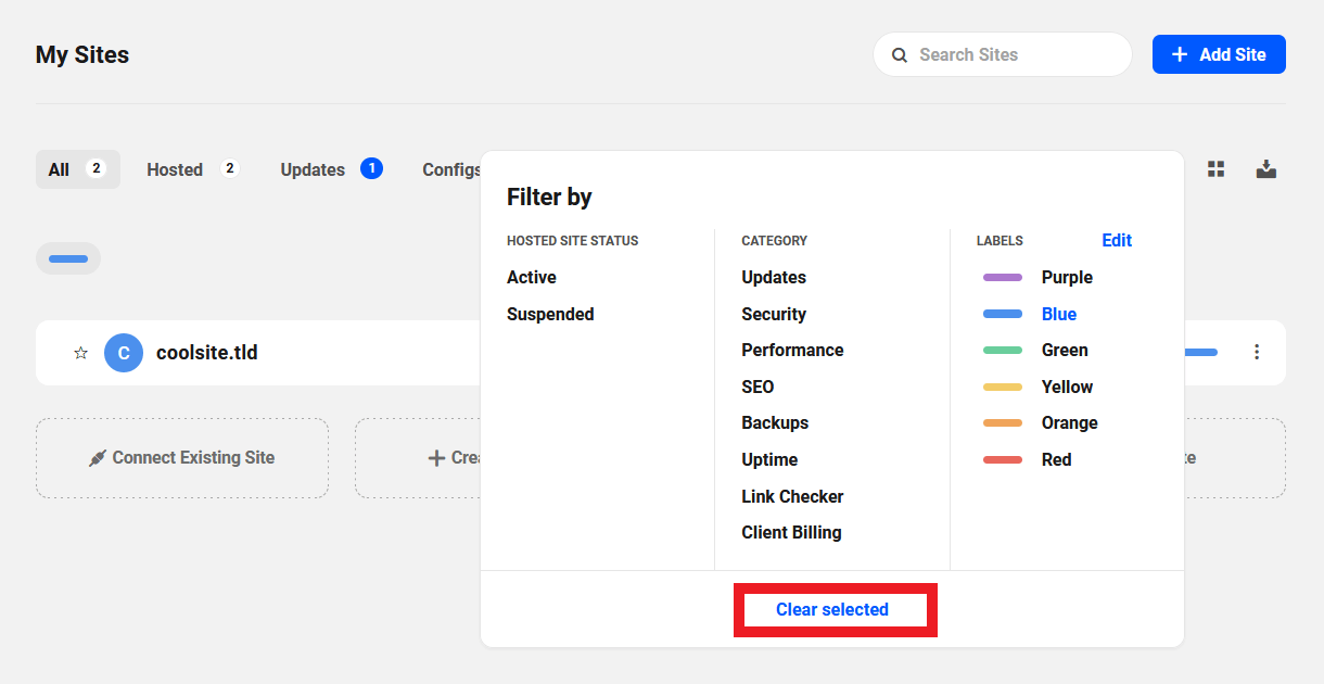 Clear selected filters in the sites list