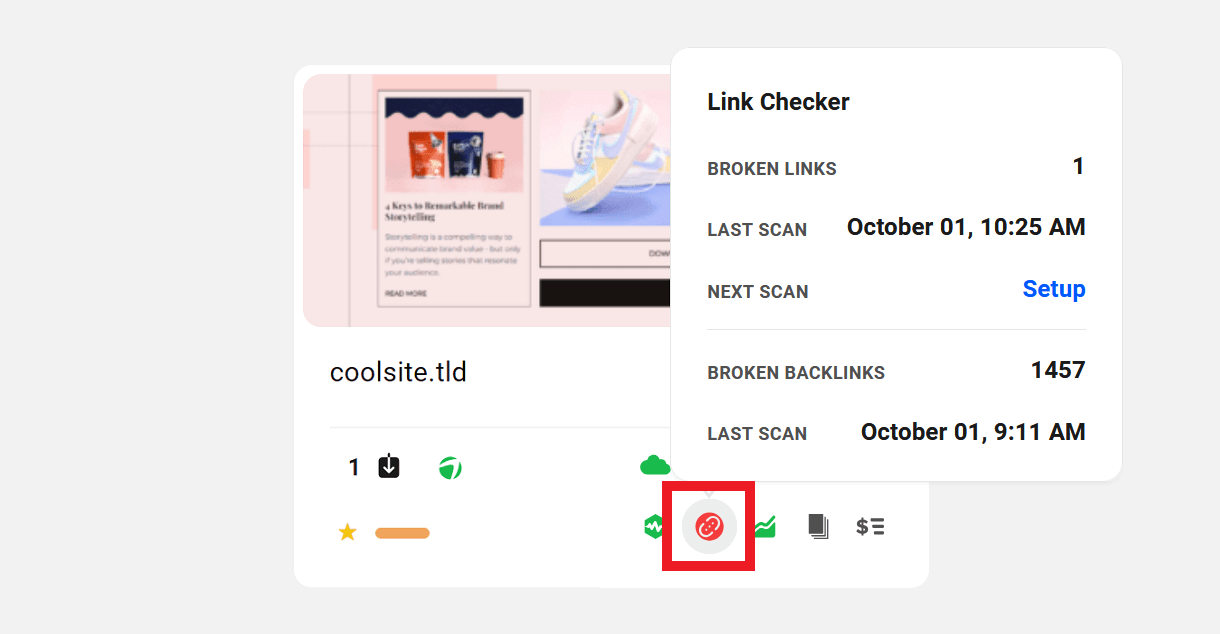 Link Checker icon in My Sites grid view