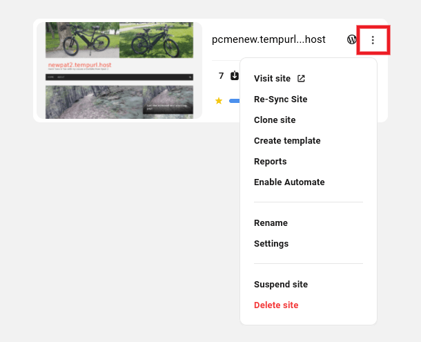 Site options icon in My Sites grid view