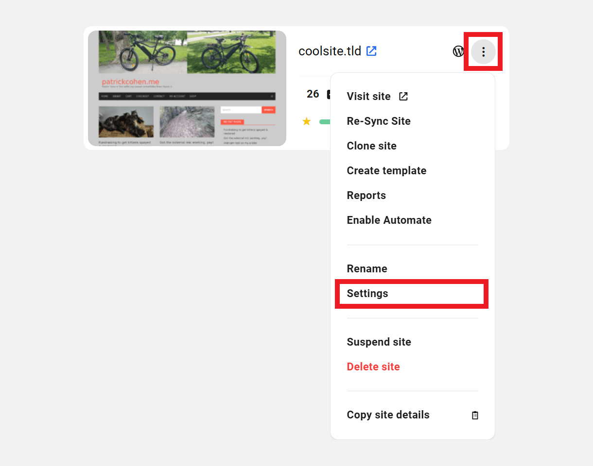 Site options icon in My Sites grid view