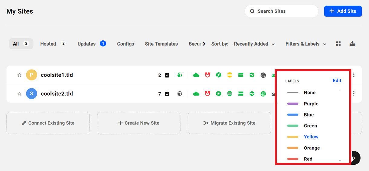 Assign site labels in The Hub