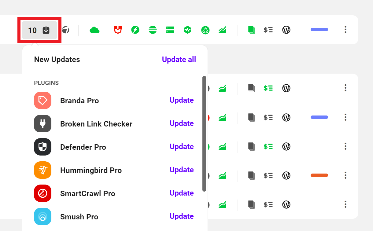 Quick update plugins and themes in the Hub