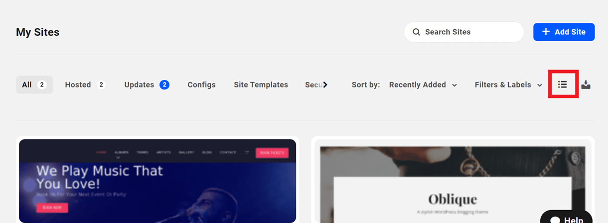 Switch to List View on the My Sites screen in The Hub