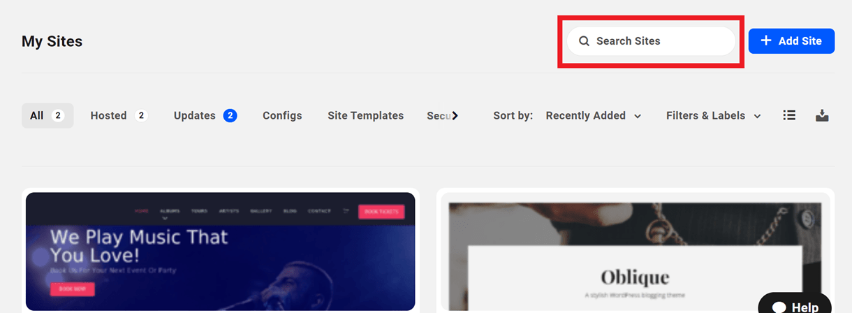 Search sites on the My Sites screen in The Hub