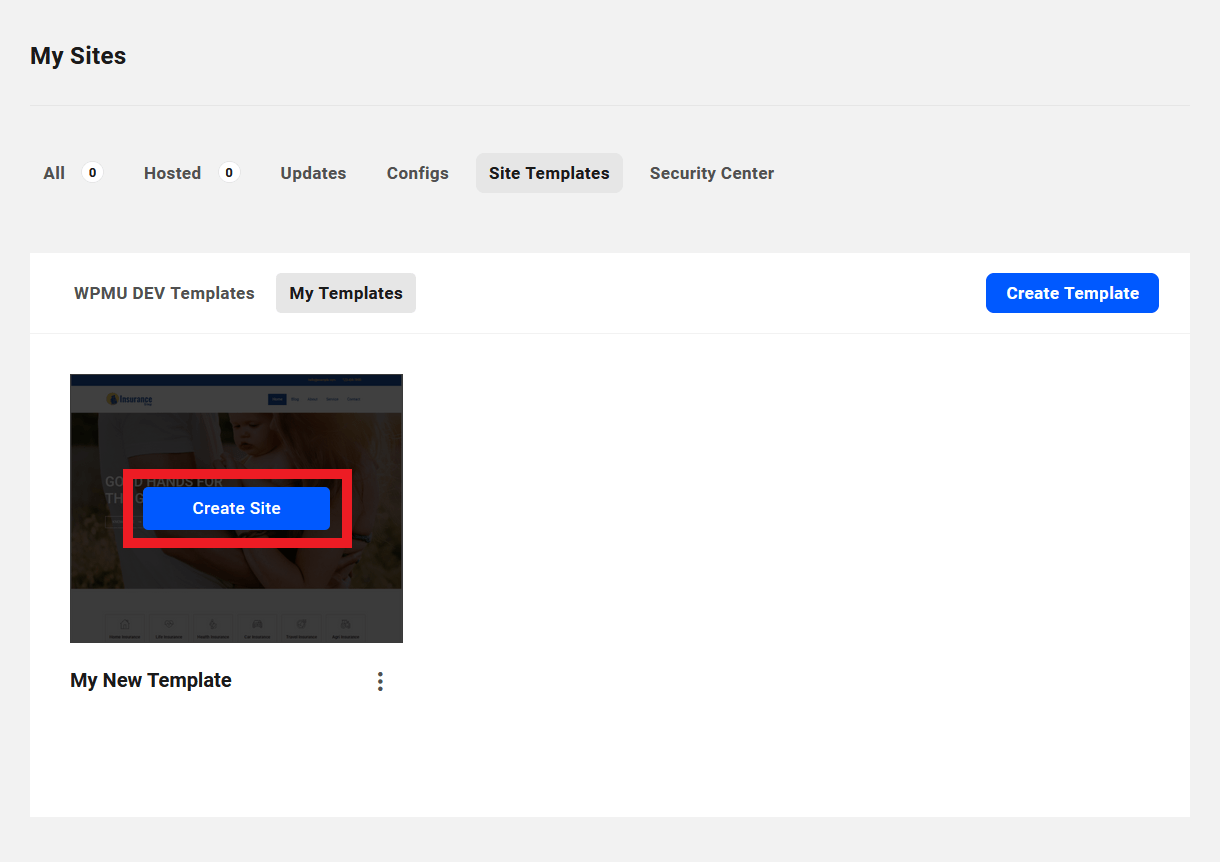 Create a site from a custom template in The Hub