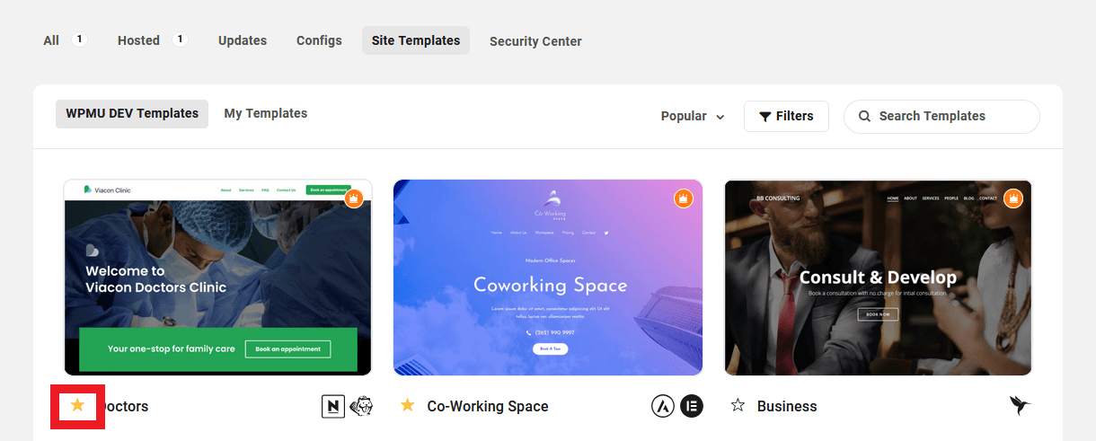 Favorite site templates in The Hub