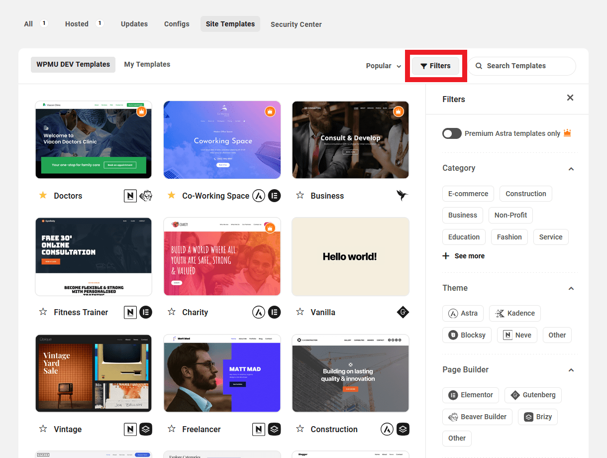 Filter site templates in The Hub