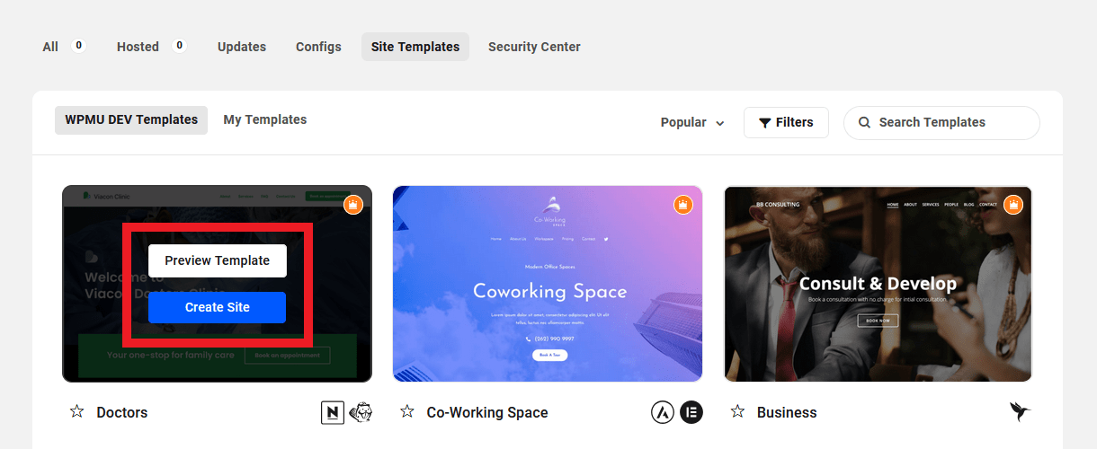 Preview and create a site from a template in The Hub