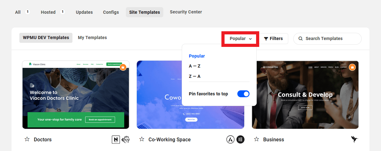 Sort site templates in The Hub