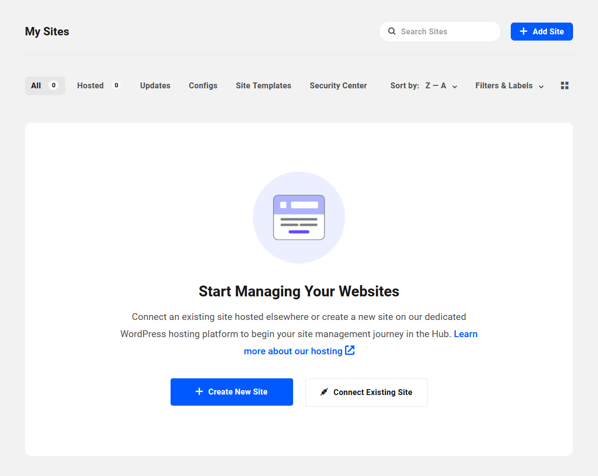 My Sites screen in The Hub