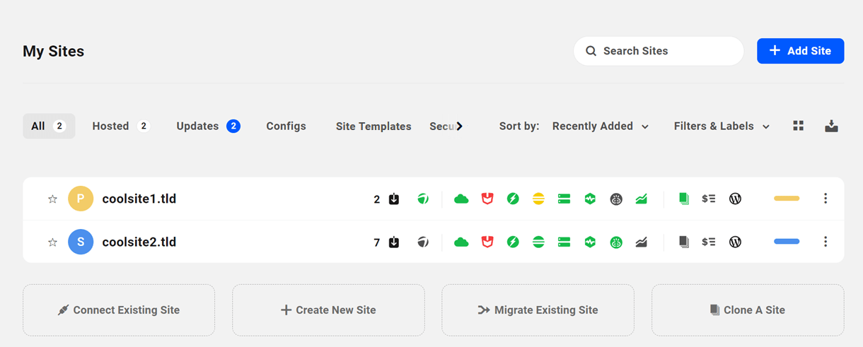 Sites list in The Hub