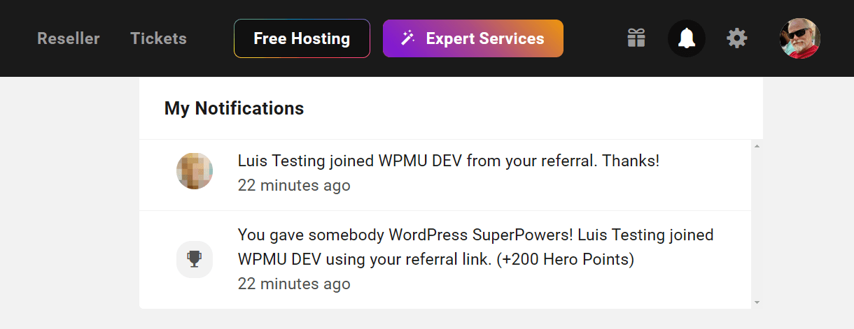 Hub notification for new paid referral signup