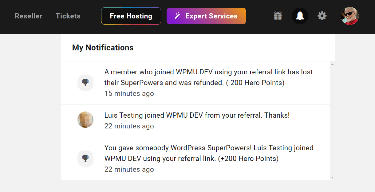 Hub notification for refunded referral signup