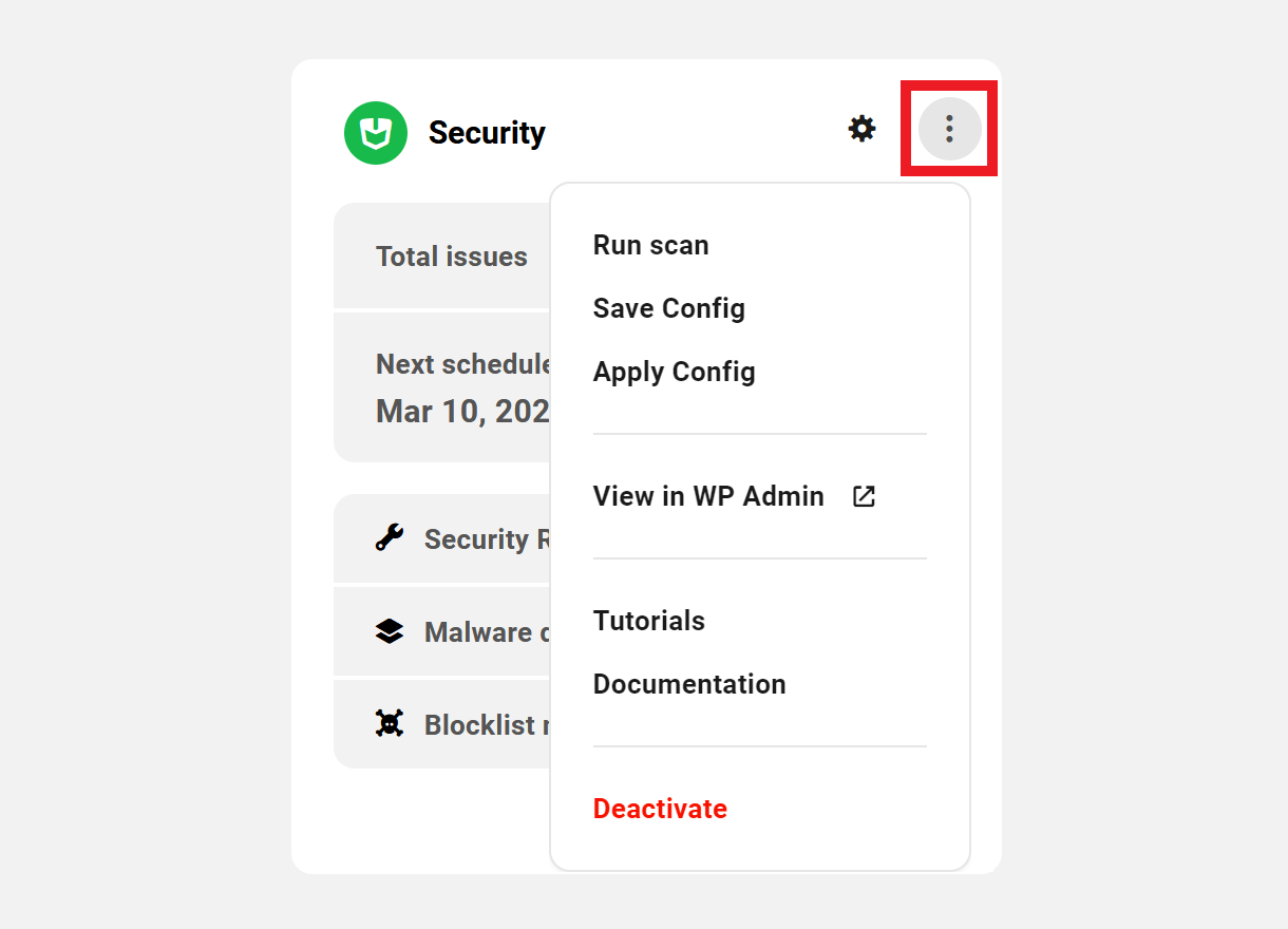 Security module settings dropdown menu