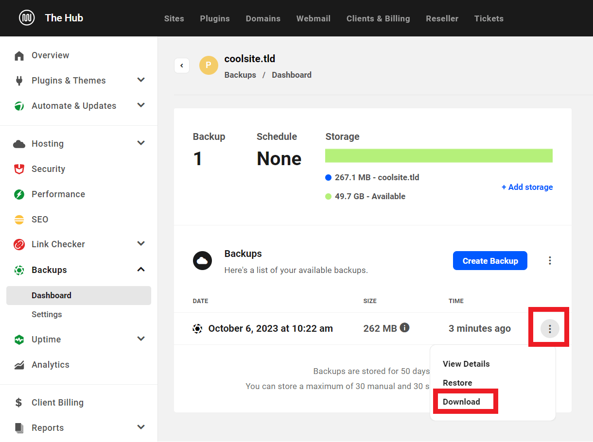 Allows the user to download an existing backup of a site