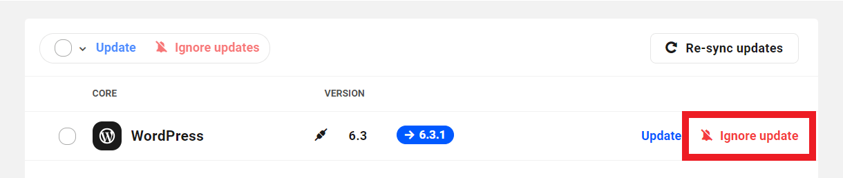 Allows the user to ignore or unignore updates to core WordPress files on a site.