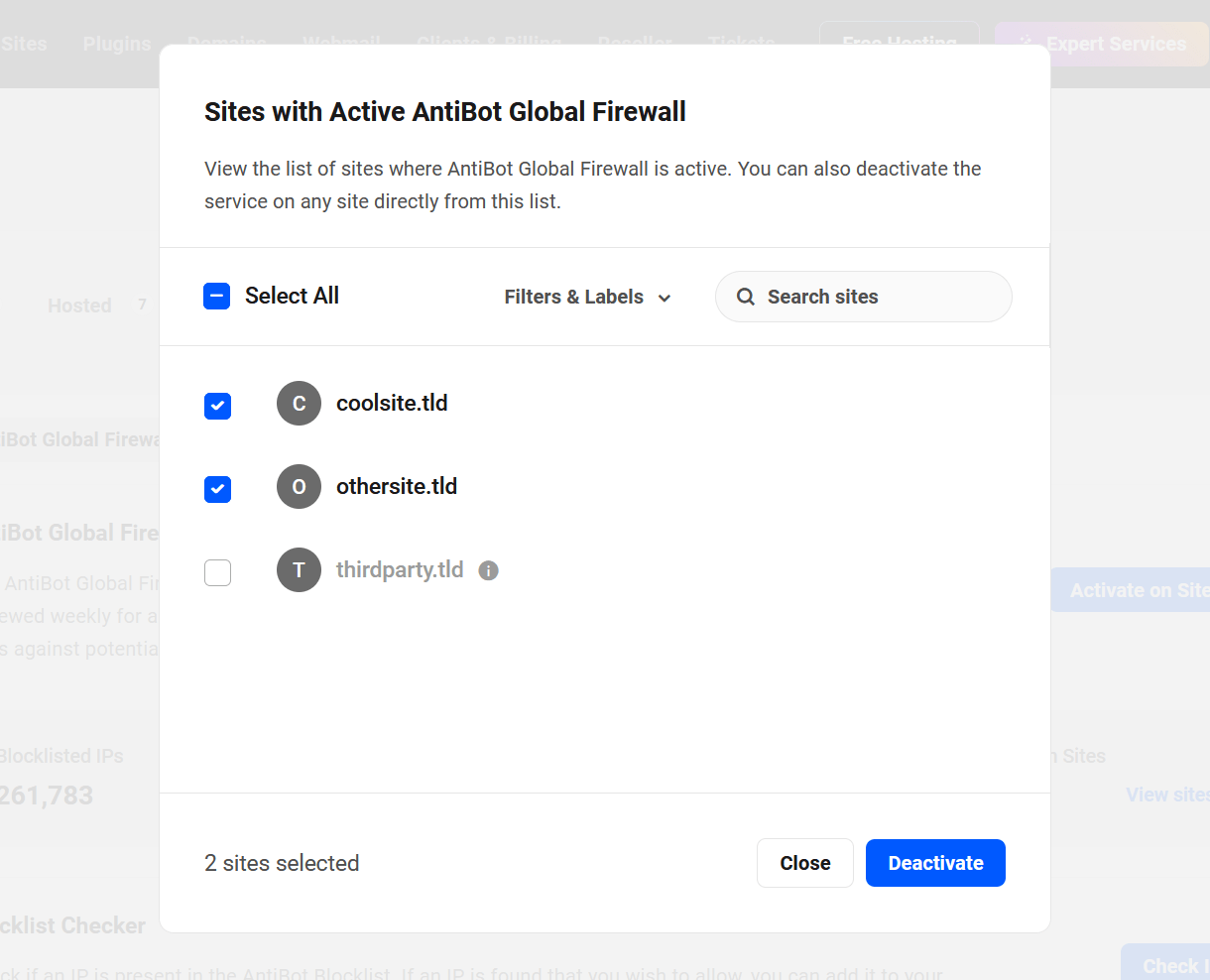 Deactivate AntiBot on selected sites
