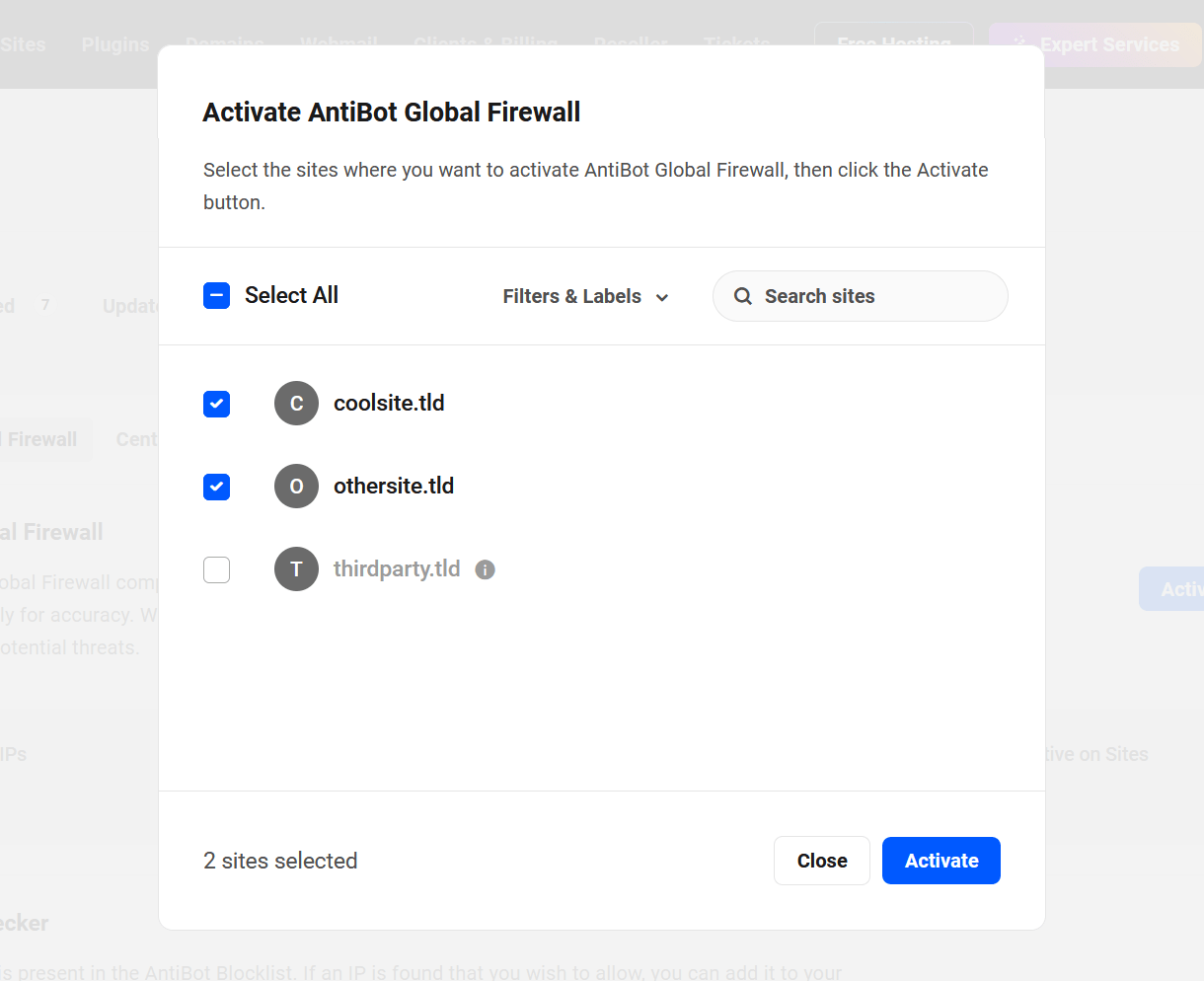 Activate AntiBot on selected sites