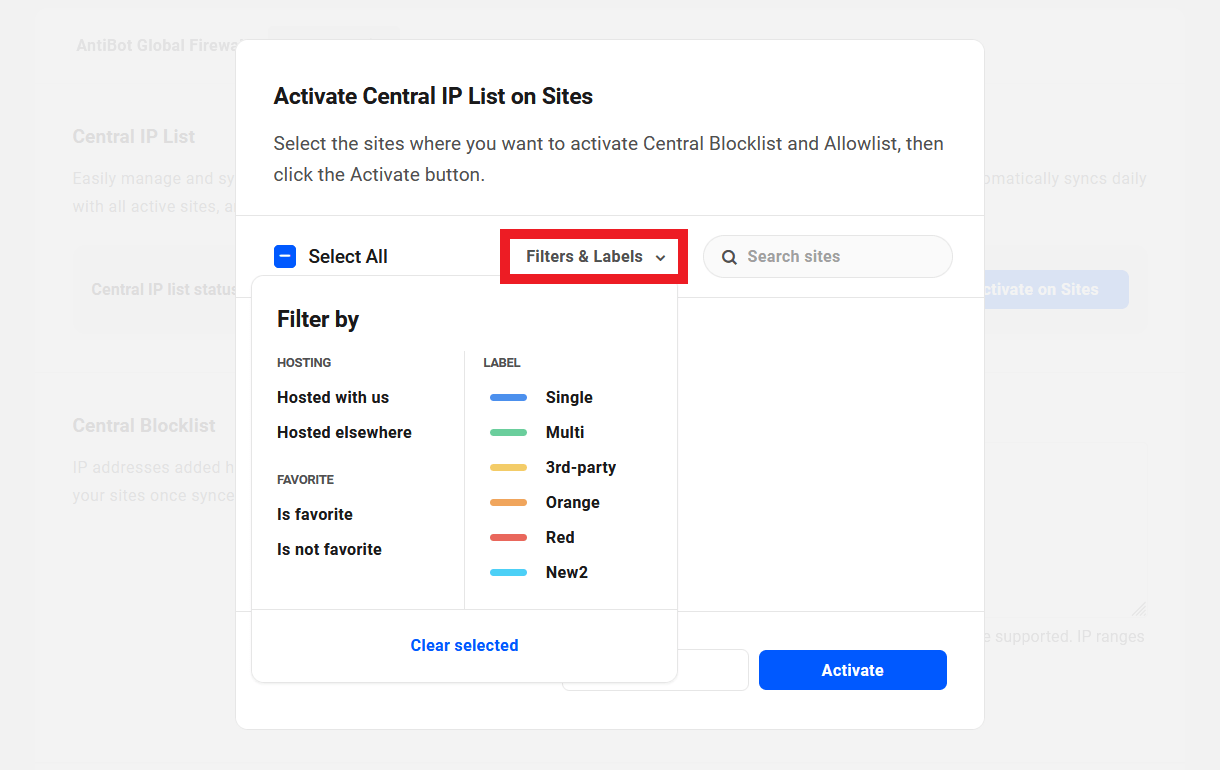 Activate the Central IP List on selected filtered sites