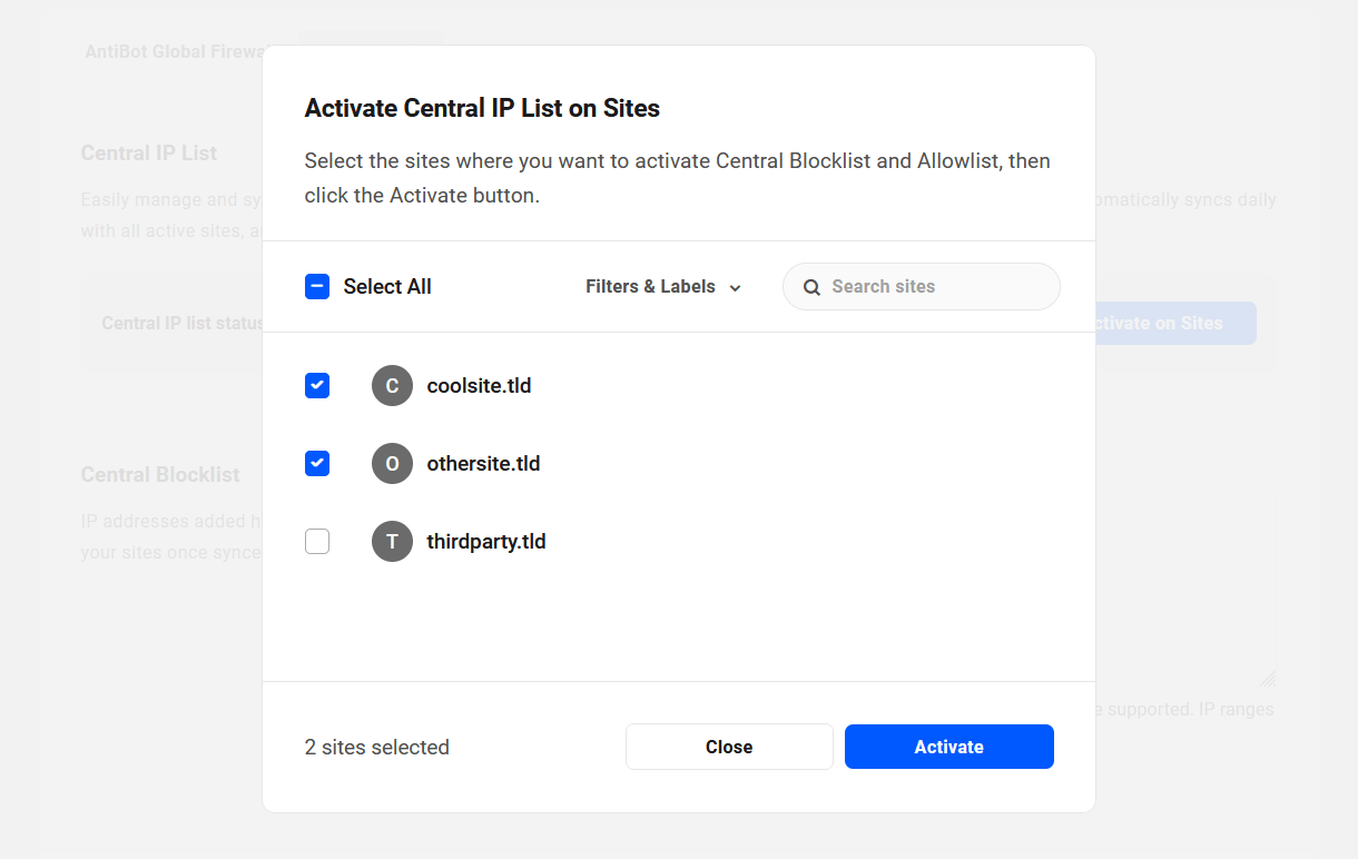 Activate the Central IP List on selected sites
