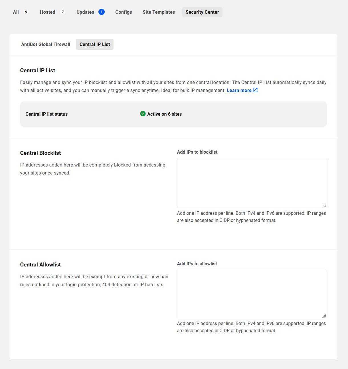 Allows the team member to access the Security Center and view the Central IP List tab