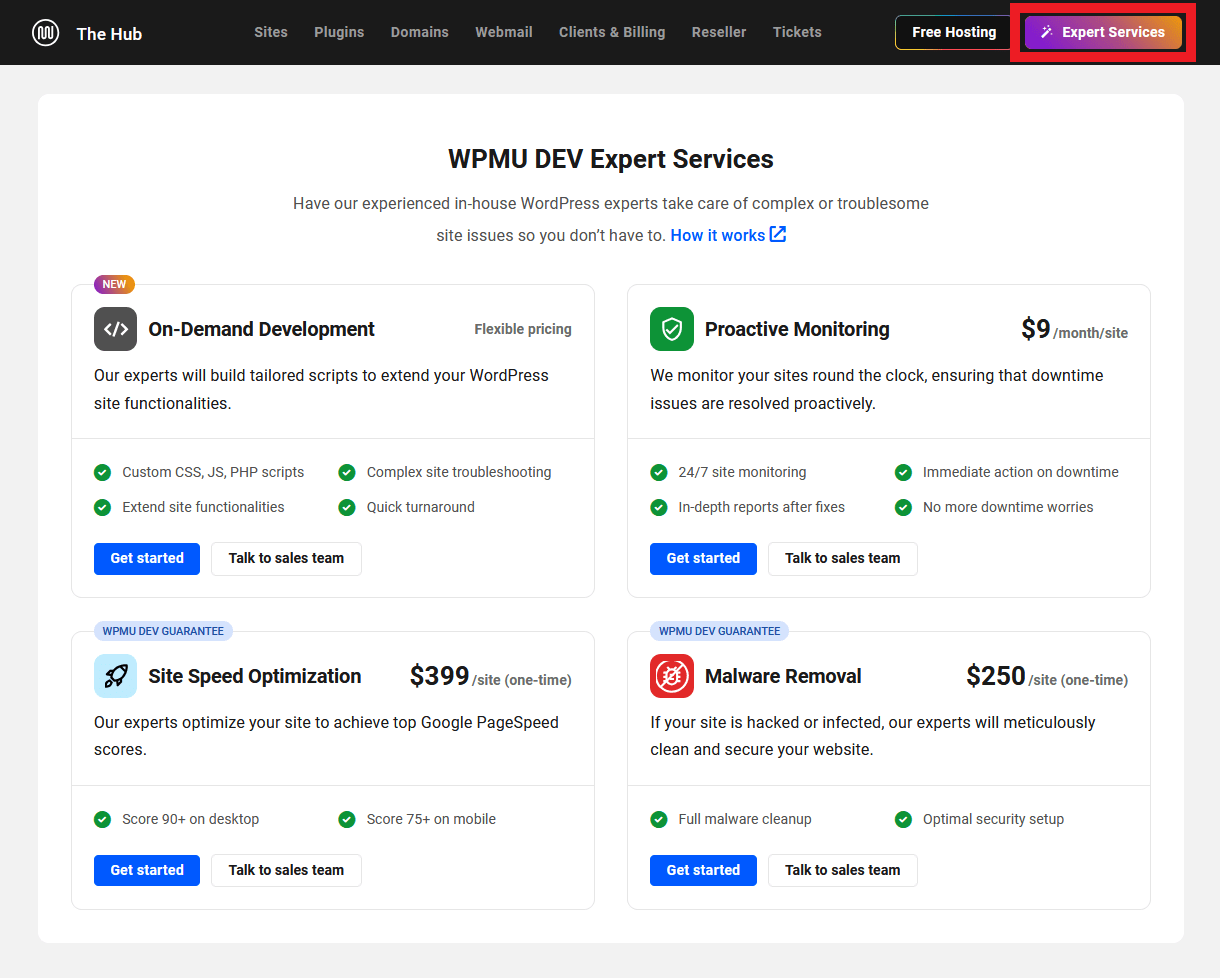 Expert Services page in the Hub