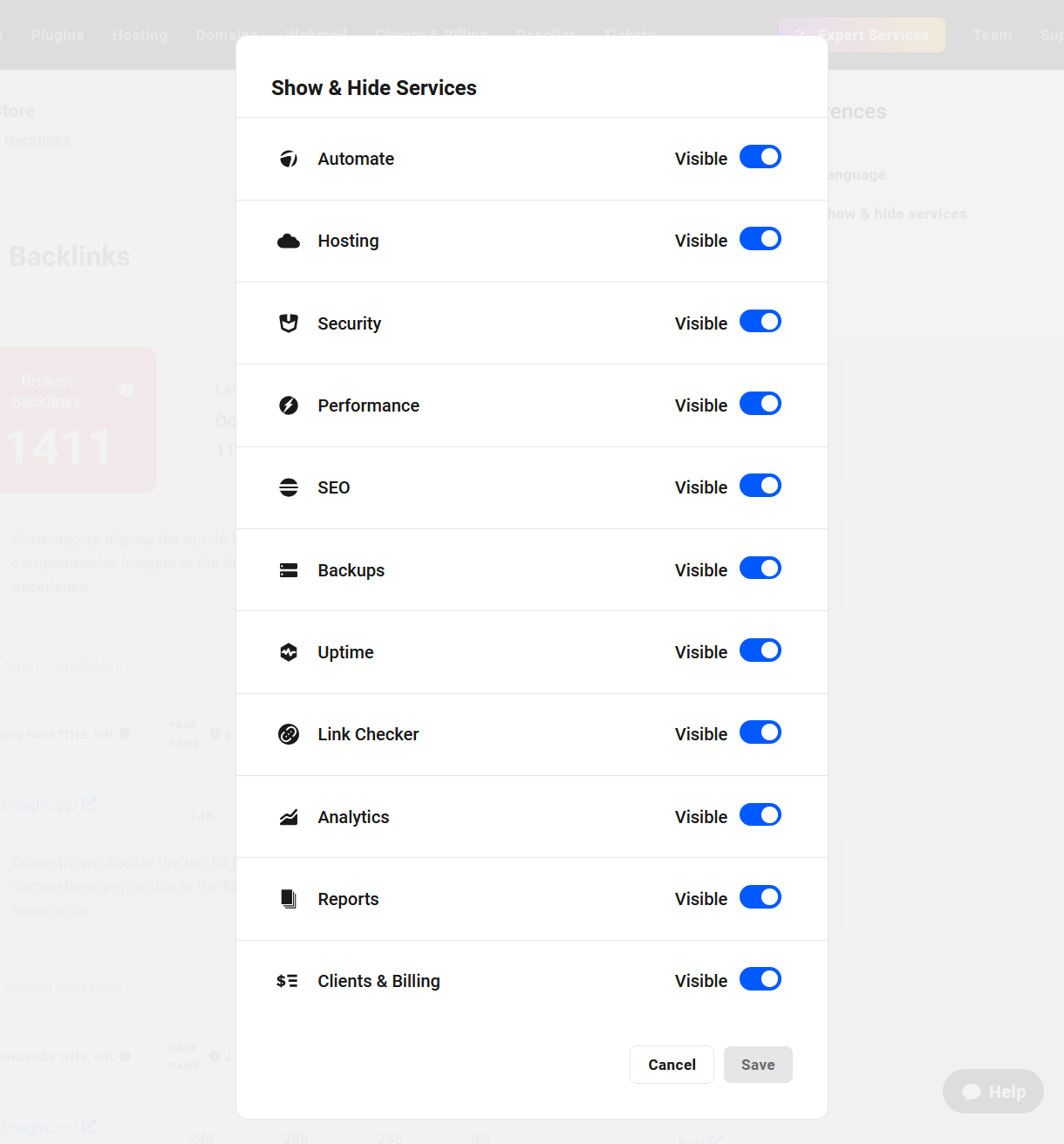Show and hide services in The Hub