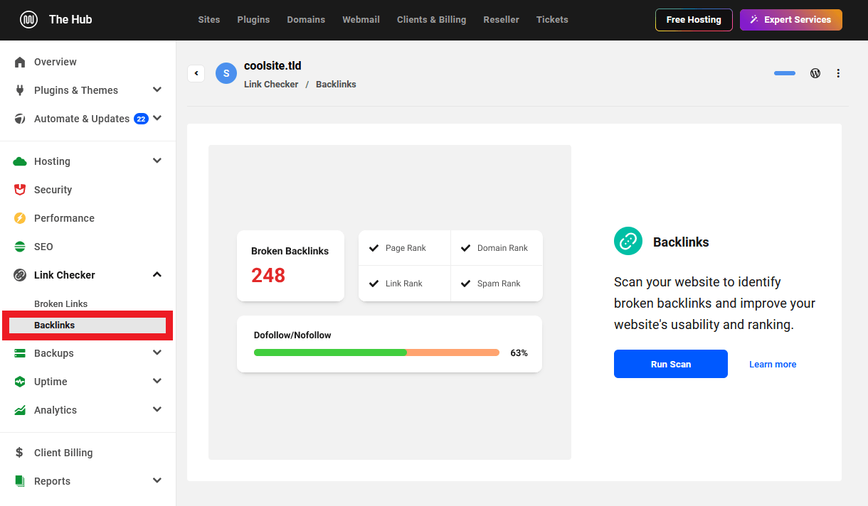 Allows the user to access the Backlinks module and view data