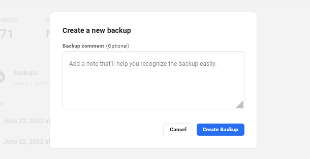 Add a comment to a backup created in the Hub