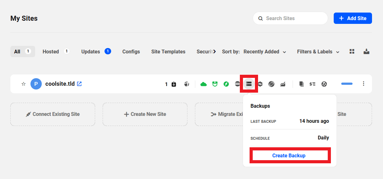 Create a site backup from the My Sites screen