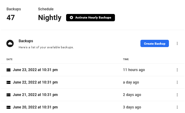 Hub available backups list