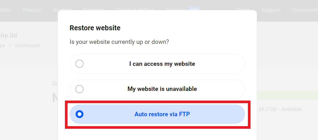 Allows the user to restore a backup via FTP