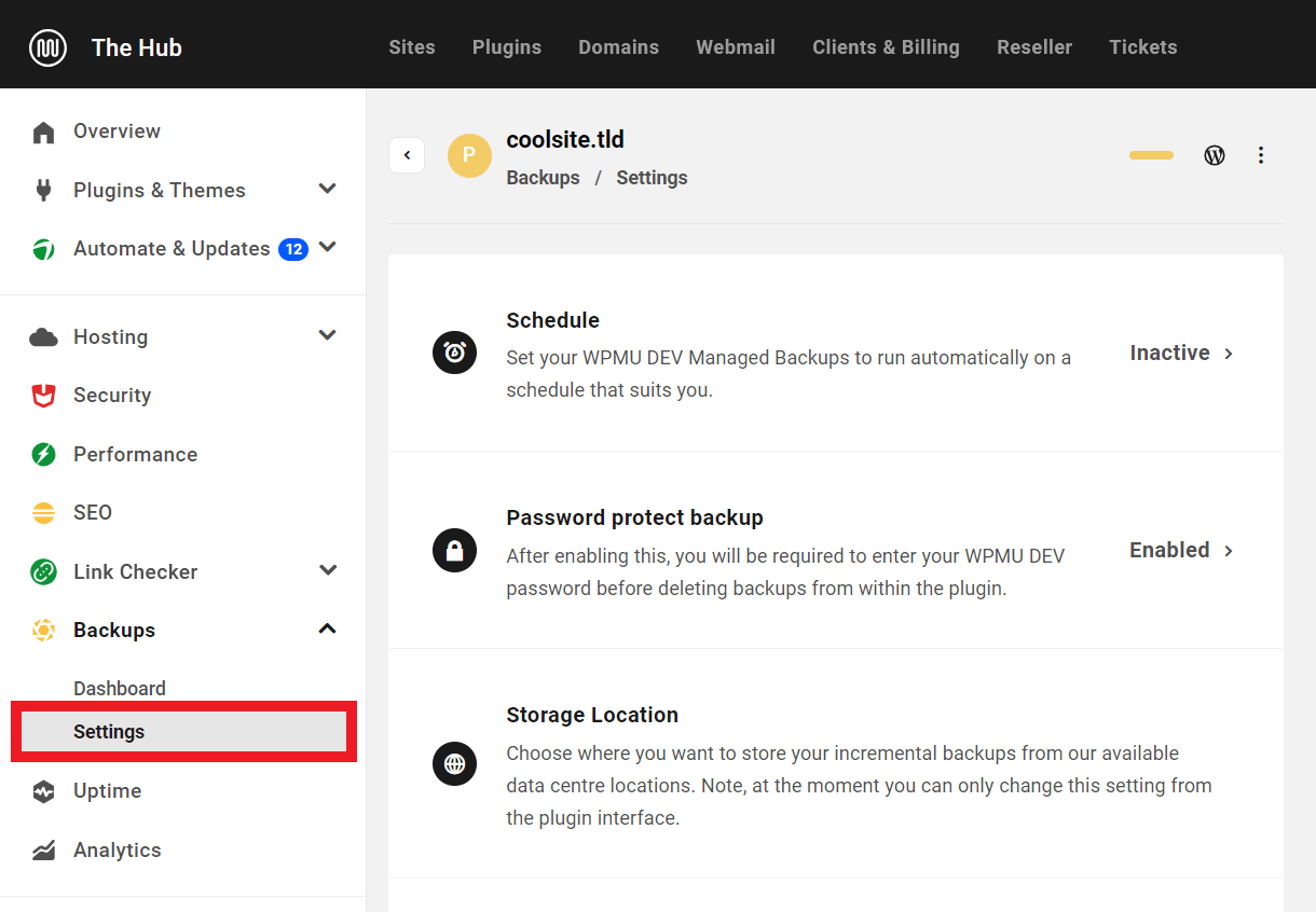 Backups settings in The Hub