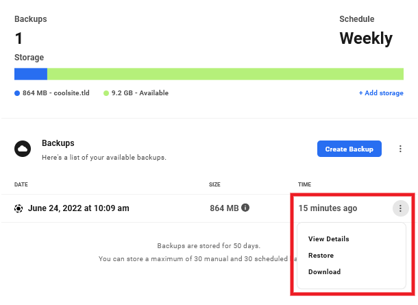 Select Snapshot backup to restore in the Hub