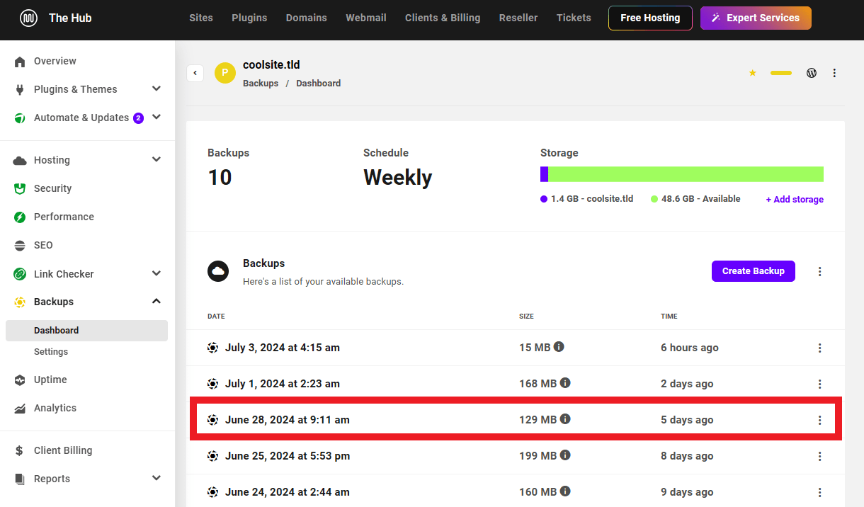 Get a Snapshot backup in the Hub