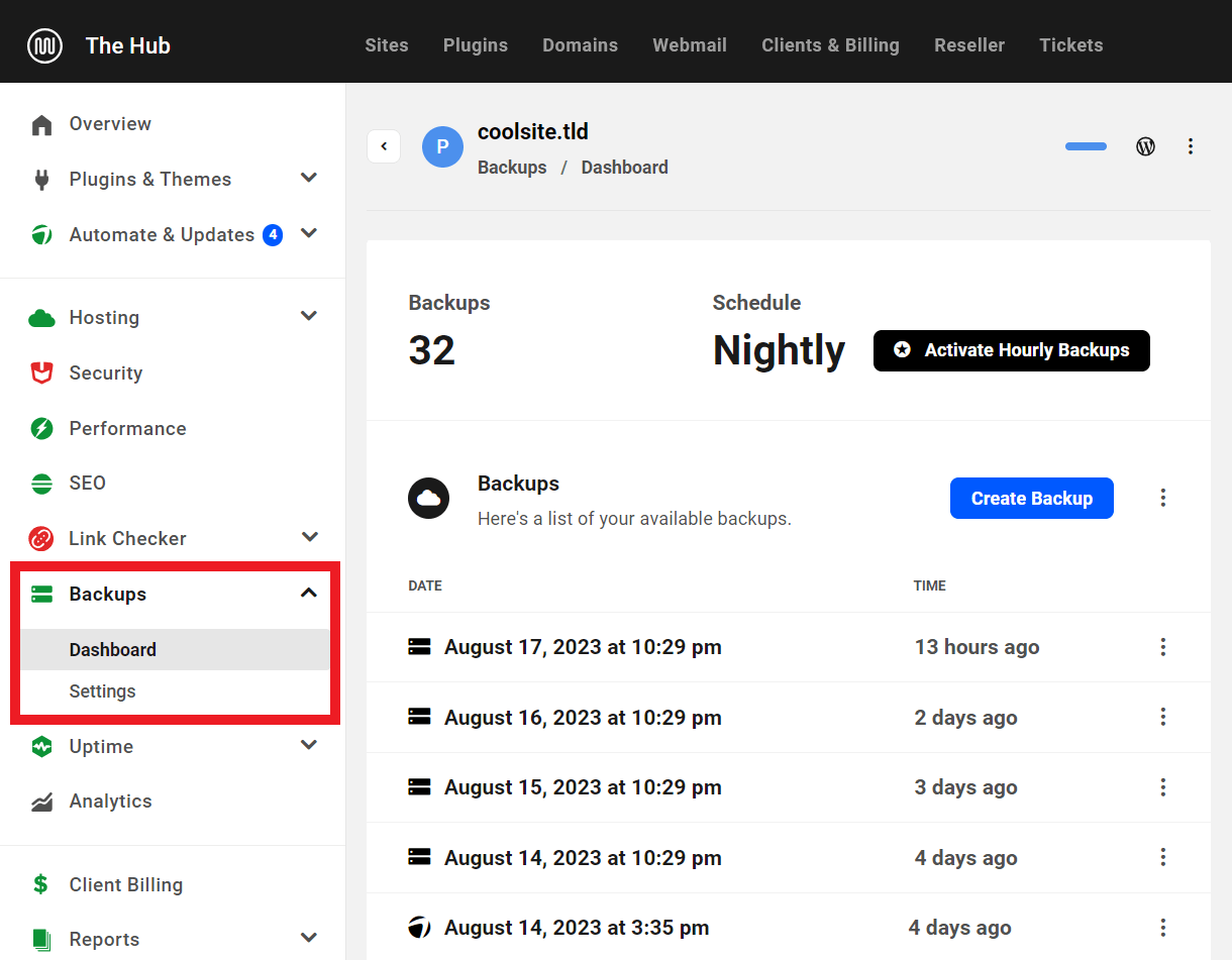 Managing backups in The Hub