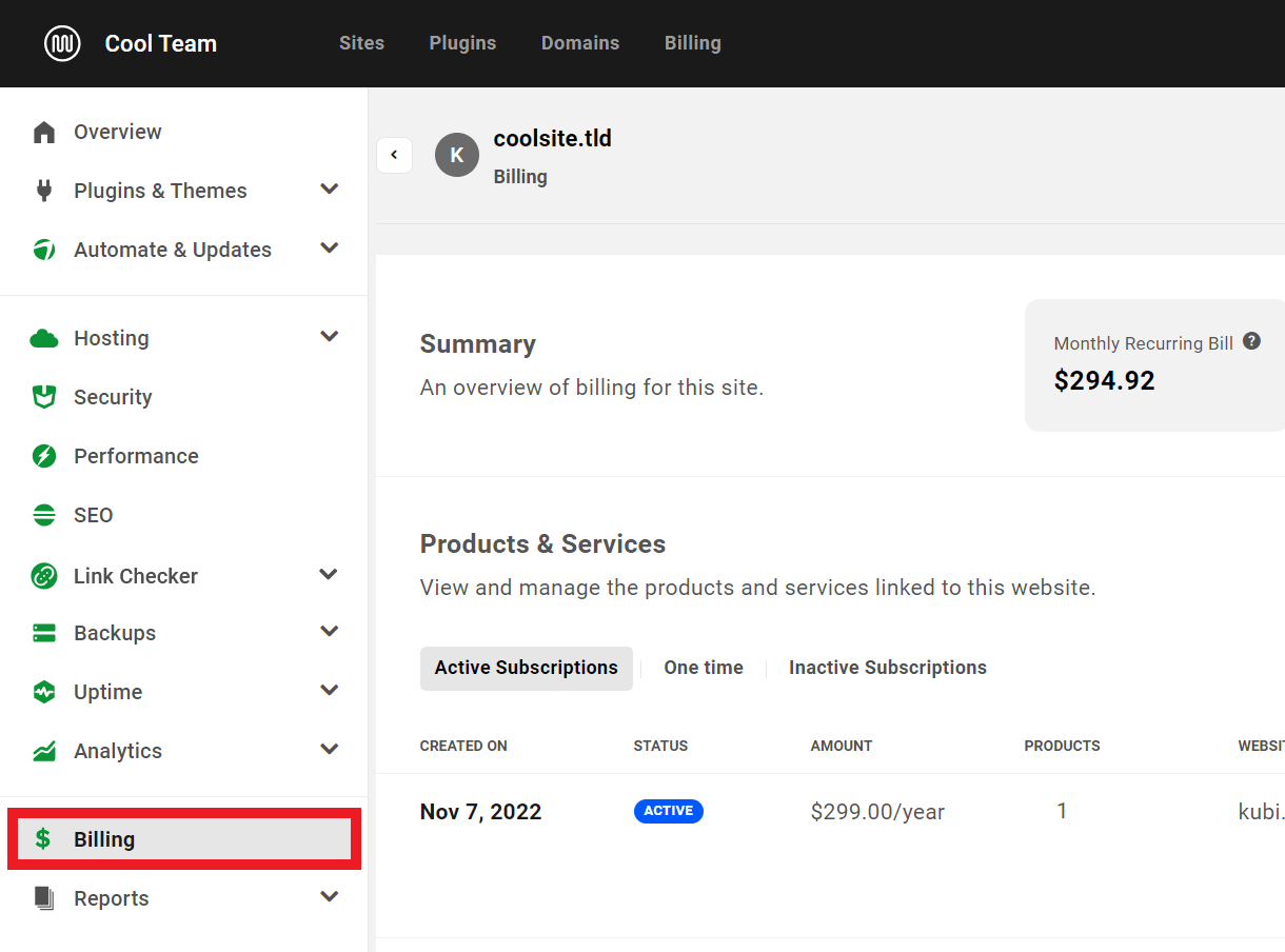 Client view of Billing tab in a client site