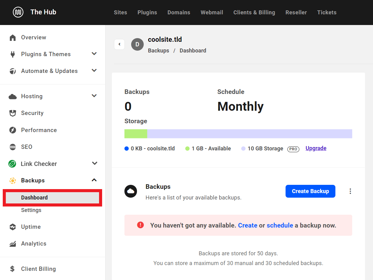 Snapshot backups in the free Hub