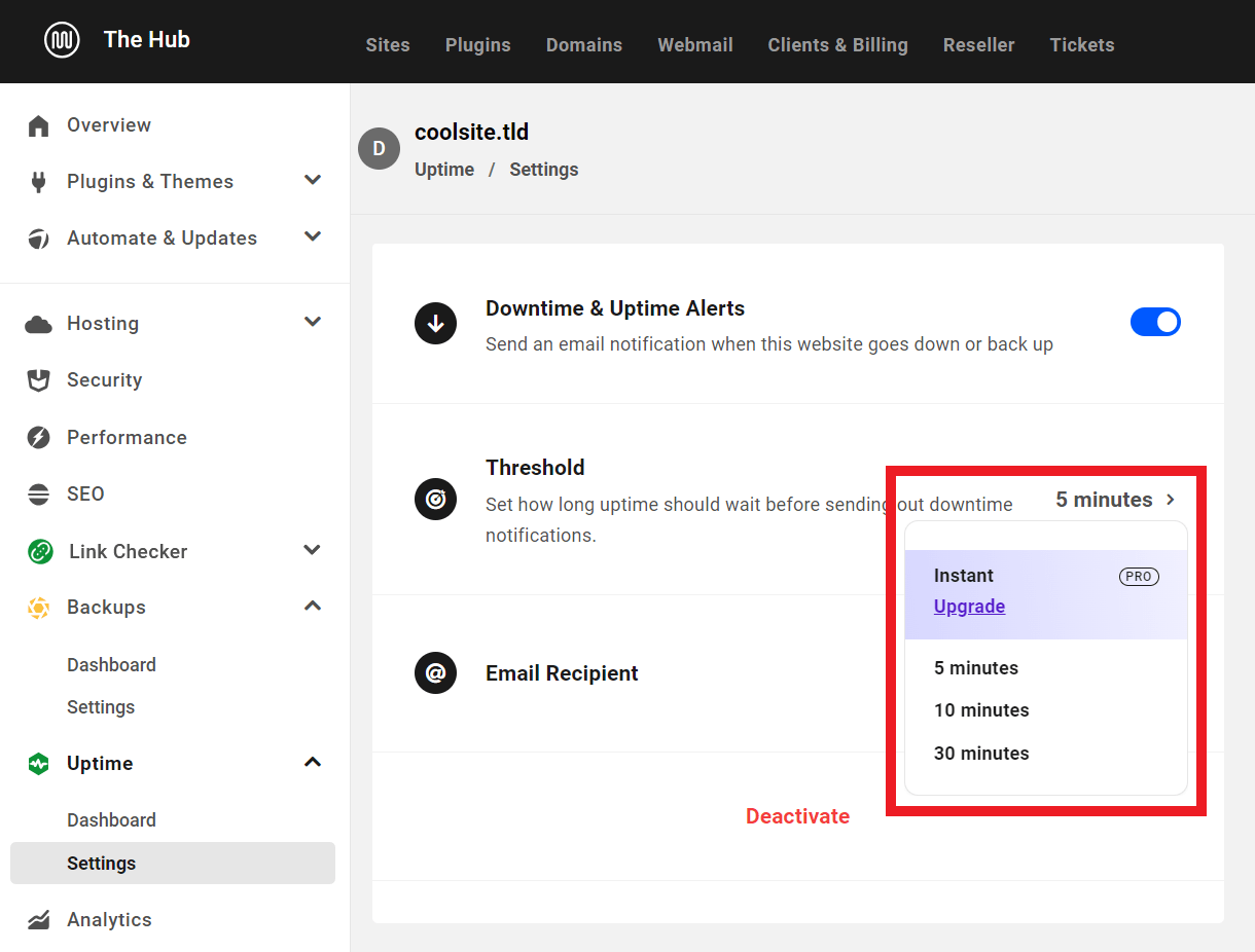 Uptime options in the free Hub