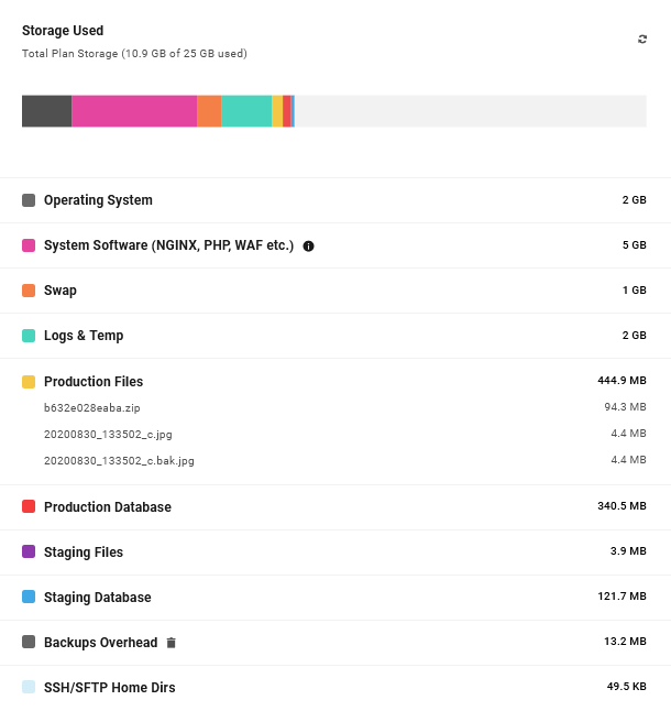 Storage details for a WPMU DEV hosted site in the Hub