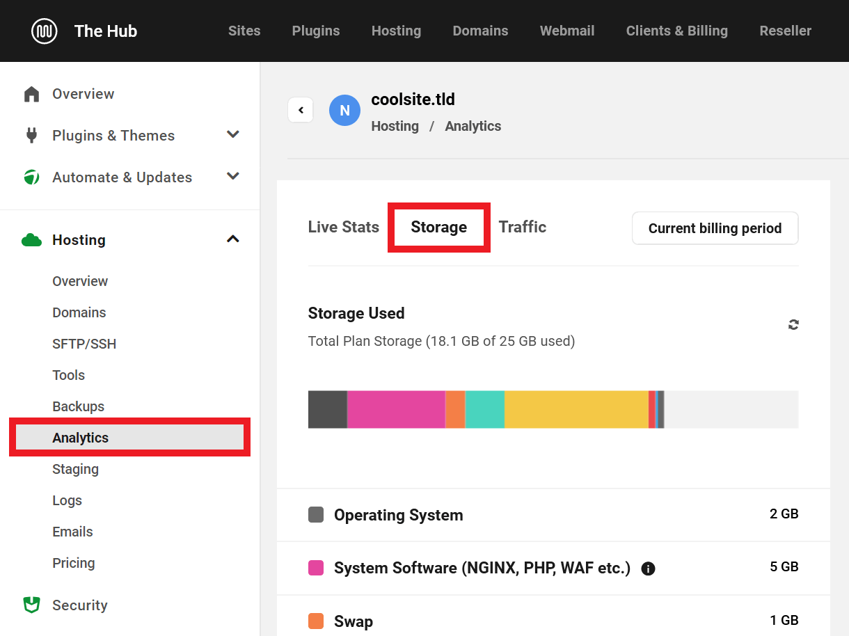 Storage info for a WPMU DEV hosted site in the Hub