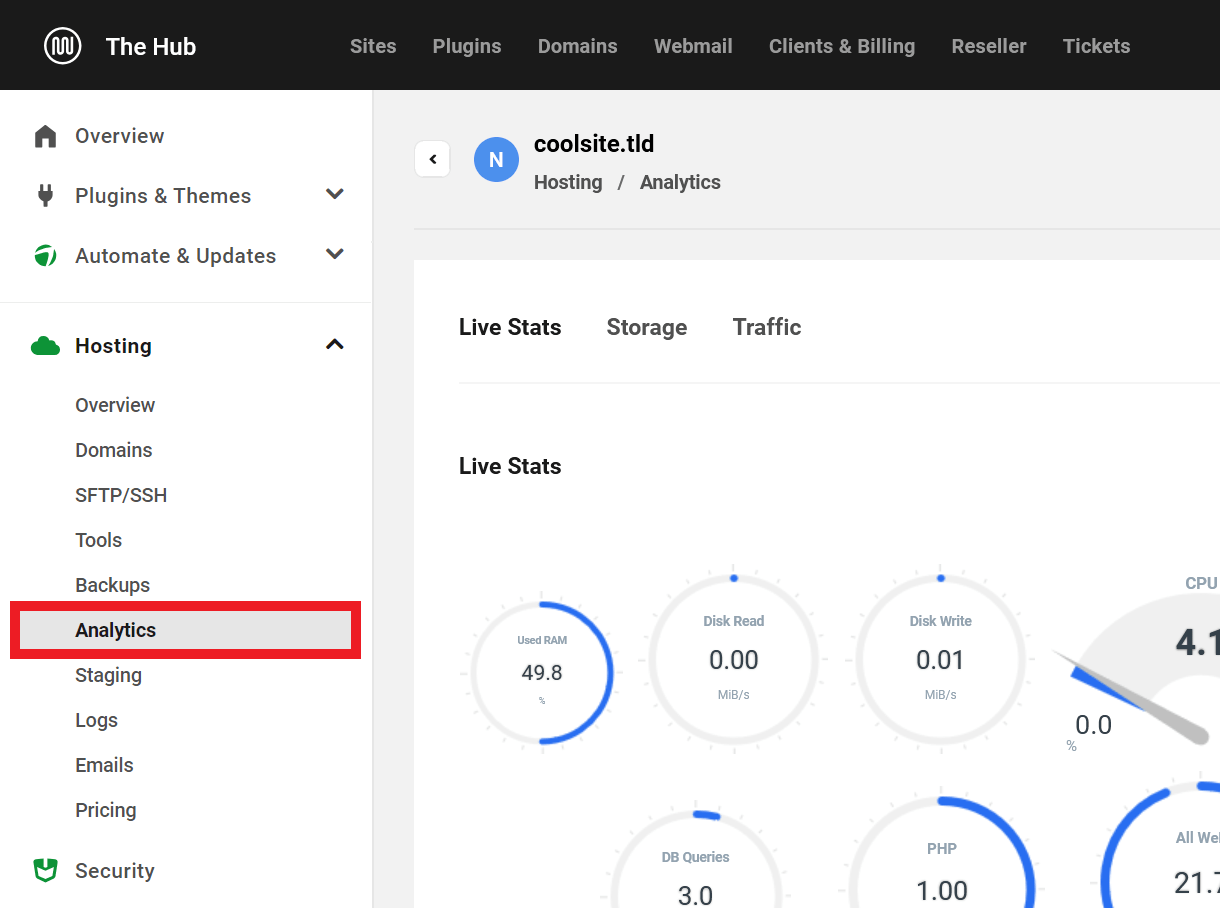 Analytics option under the Hosting option in the Hub