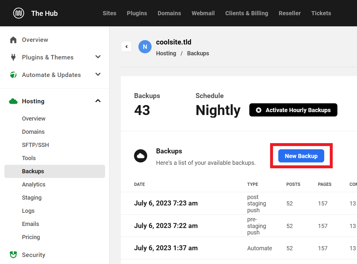 Allows the user to create a backup of a site