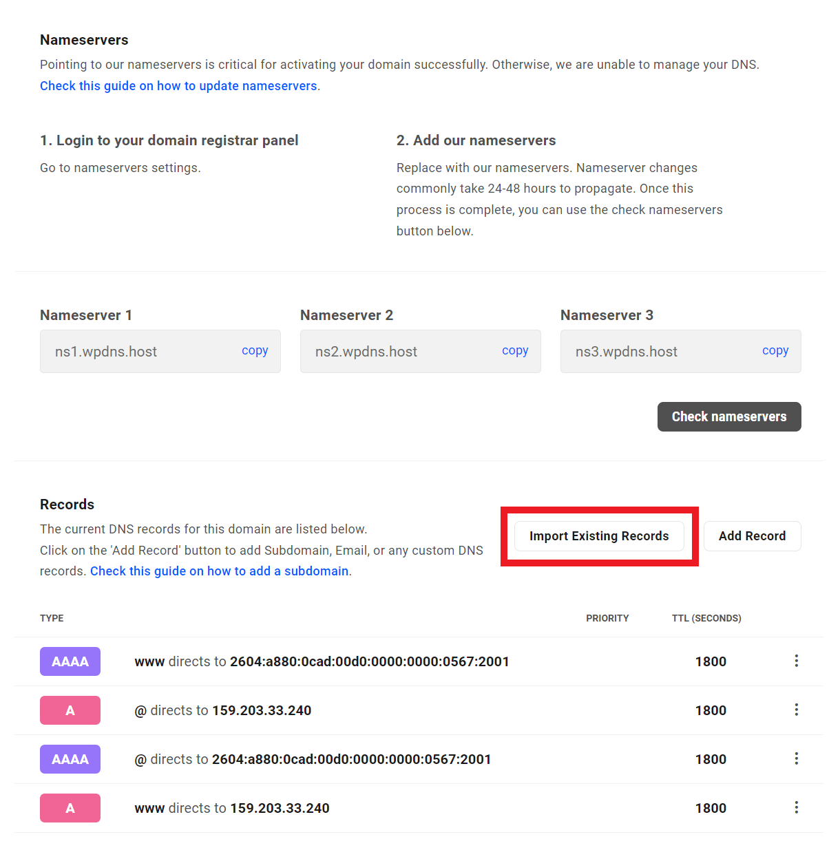 Import existing DNS records for a domain added to a WPMU DEV hosted site