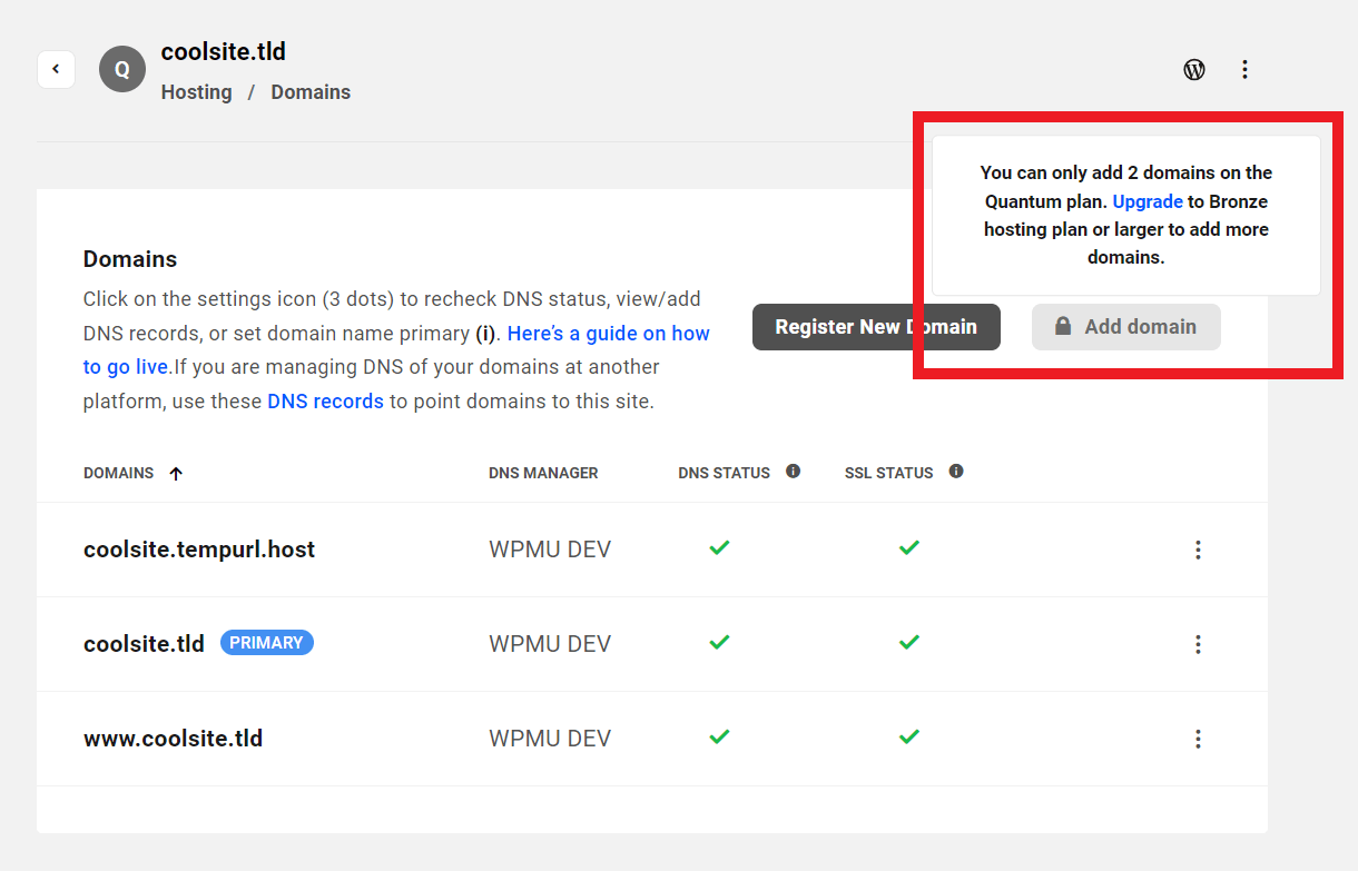 Only one custom domain allowed on Quantum plan