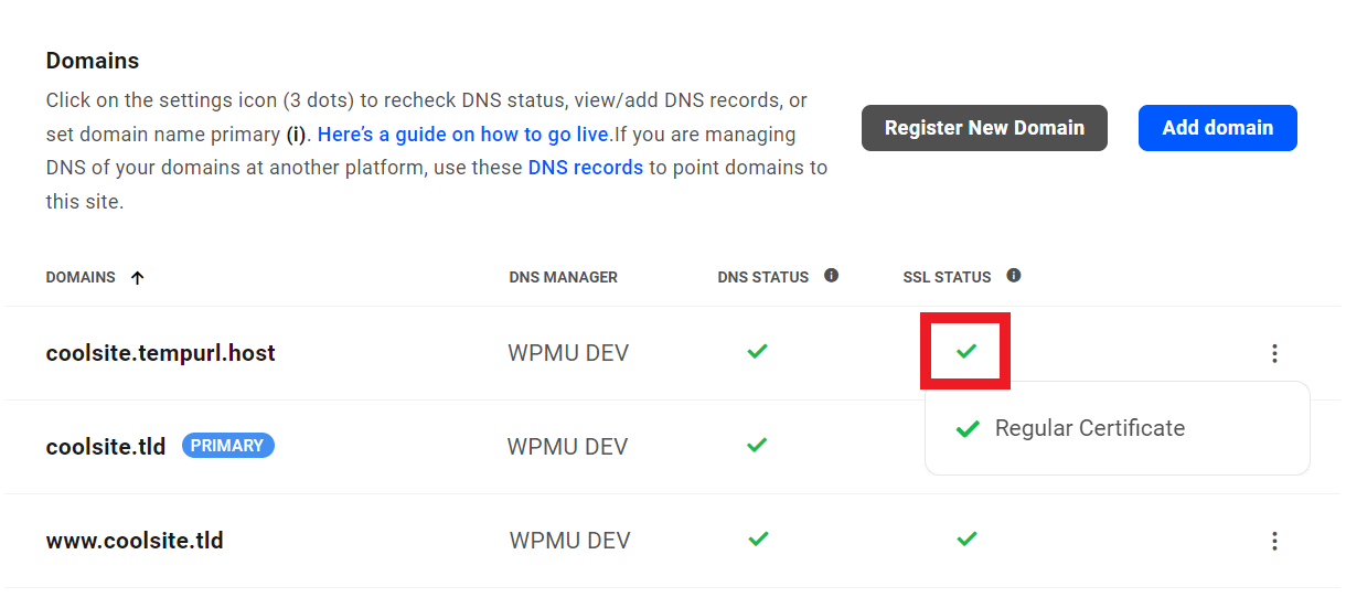 Hub 2.0 showing regular SSL certificate issued to a domain