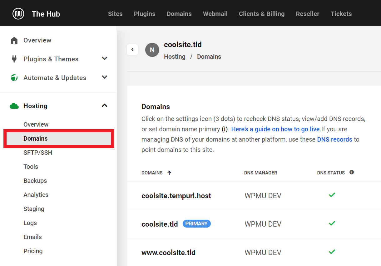 Domains options under the Hosting Category in the Hub