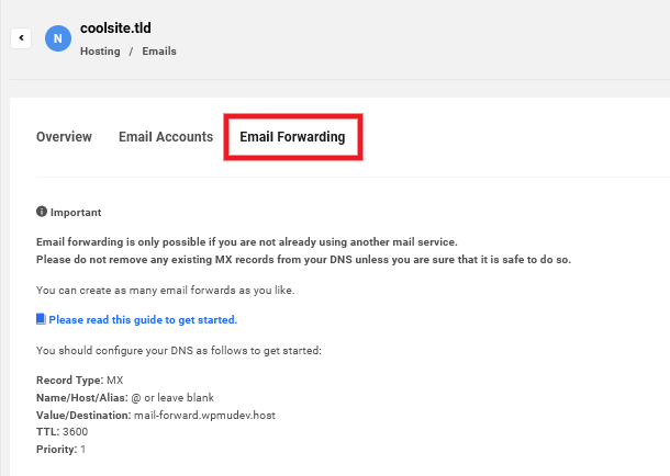 Email forwarding tool in the Hub
